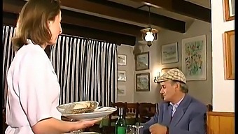 French Brunette Enjoys Threesome With Amateur Papy In A Restaurant