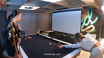 Two Stunning Brunettes Engage In A Steamy Threesome On A Pool Table