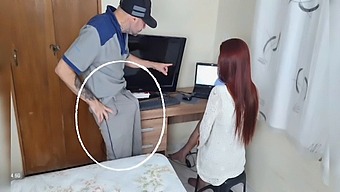 White Housewife In Uniform Gets Serviced By Tech In The Living Room