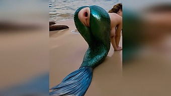 En Fremmed Har Sex Med En Havfrue På Stranden, Hvilket Får Hendes Stramme Anus Til At Åbne Sig Bredt Udendørs